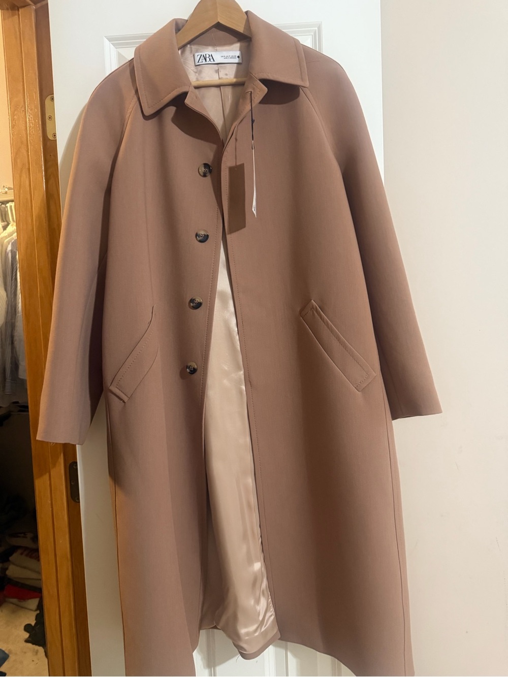 ZARA Women's Long Camel/Taupe Button-Front Trench Coat